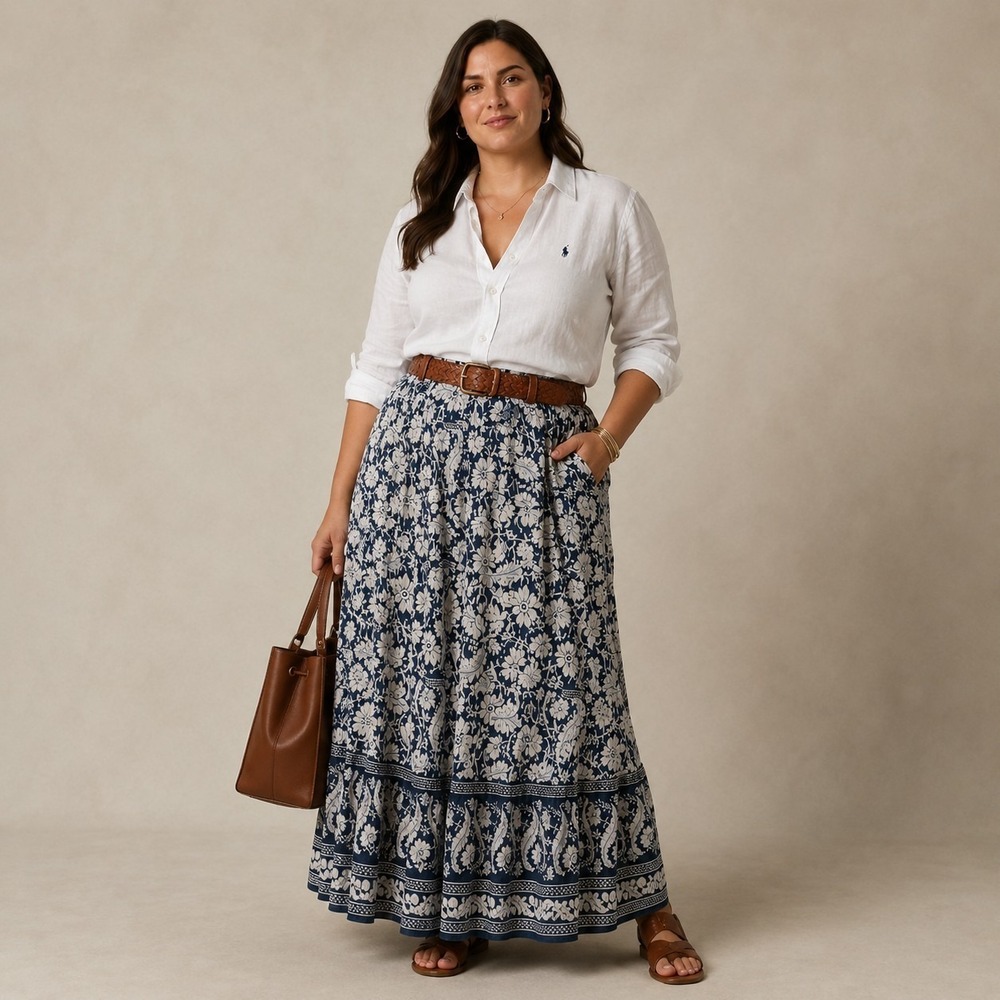 Chaps Ralph Lauren Blue Prairie Tiered Midi Maxi Skirt 2XL XXL Boho Cottagecore